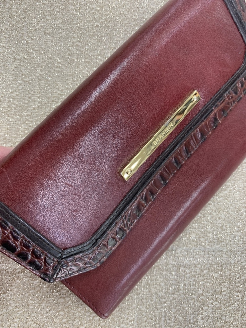 Dooney & Bourke Wine Leather Clutch with Croc-Trim and Gold Plaque